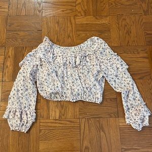 LoveShackFancy Purple Floral Print Off the Shoulder Blouse